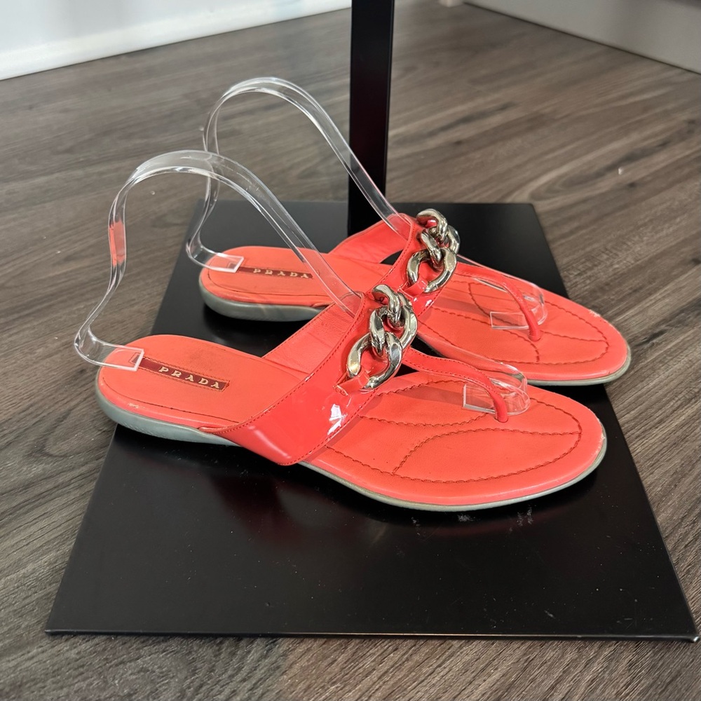 Prada Patent Leather Orange Silver Chainlink Slide T-Strap Thong Sandals 37.5